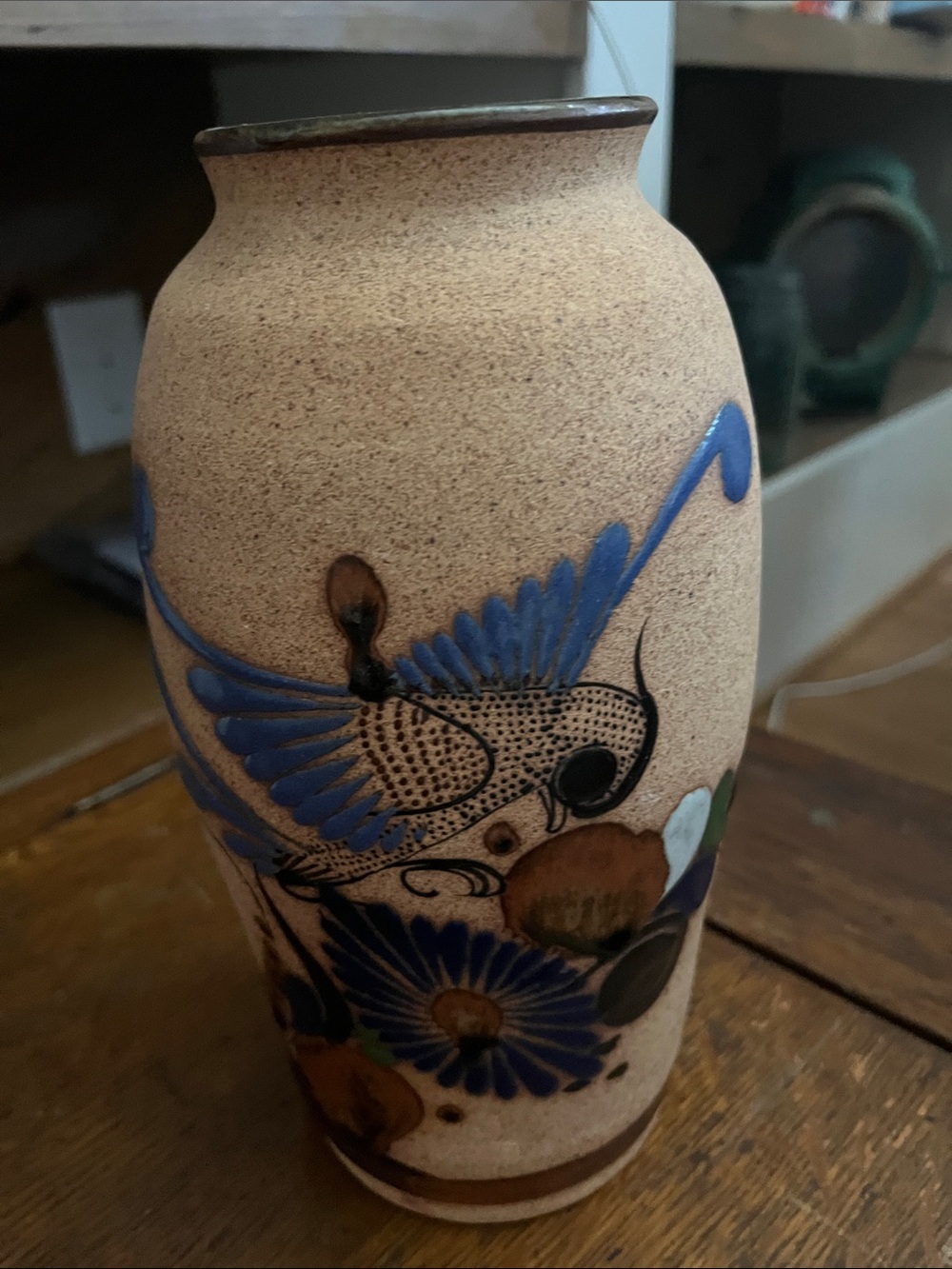 Handcrafted Sandstone Vase with Blue Floral and Bird Motif